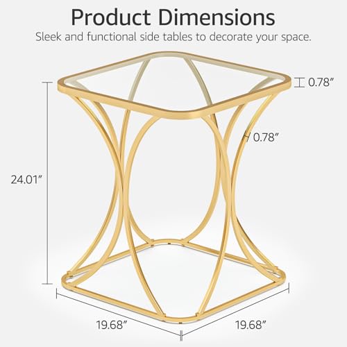 19.68" Square End Table with Tempered Glass Top, Stylish X-Shaped Metal Frame, Living Room Coffee Table, Sofa Side Table, Accent Tables for Small Spaces, Modern Bedside Table (Gold) - color: Gold, style: Style 2