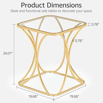 19.68" Square End Table with Tempered Glass Top, Stylish X-Shaped Metal Frame, Living Room Coffee Table, Sofa Side Table, Accent Tables for Small Spaces, Modern Bedside Table (Gold) - color: Gold, style: Style 2