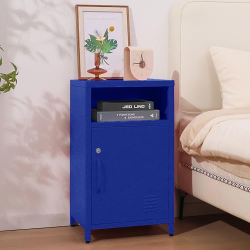 ALBAD Metal Nightstand with Lockable Cabinet | Industrial Bedside Table with Open Shelf, Small Storage Locker Side Table for Bedroom, Living Room, Dorm and Office, Blue - color: Blue, size: 26"H-Lockable Door