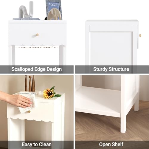 Haotian Nightstand with Drawer and Open Shelf, Scalloped Edge Design, White, Compact Bedside Table, 16.93" D x 14.96" W x 26.77" H, Engineered Wood