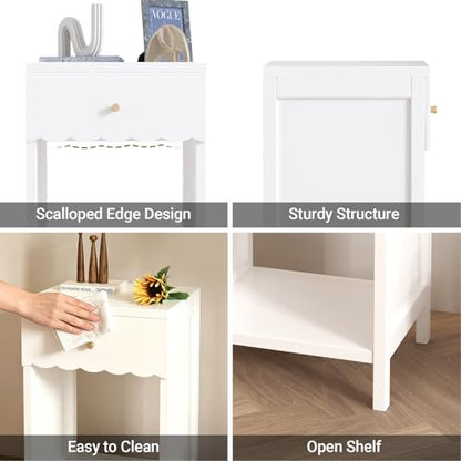 Haotian Nightstand with Drawer and Open Shelf, Scalloped Edge Design, White, Compact Bedside Table, 16.93" D x 14.96" W x 26.77" H, Engineered Wood