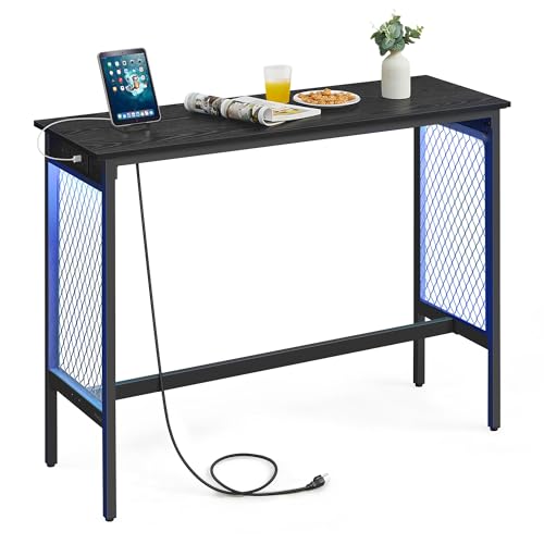 VASAGLE Bar Table with Power Outlets, 47.2 Inches LED Lights Narrow Tall Pub Table, Counter Height Console Desk, Mesh Panels and Metal Frame, for Kitchen, Entryway, Ebony Black and Matte Black - color: Ebony Black + Matte Black, size: 47.2"W, style: Indus