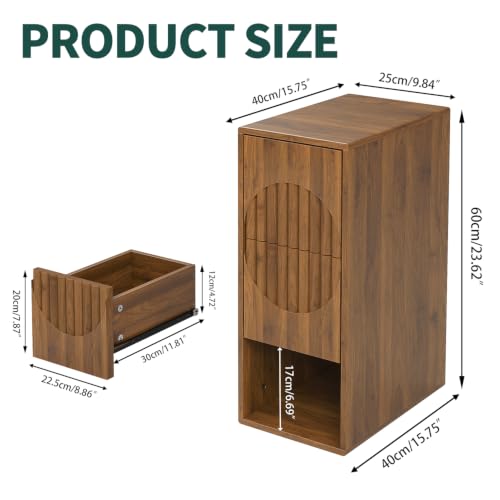 9.8" Narrow Nightstand with 2 Drawers, Slim End Table, Small Bedside Table | Fluted side table, push to open design, for small area, sapce saving, walnut, for living room, for bedroom