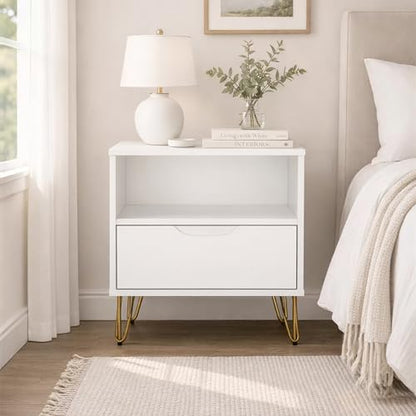 Manhattan Comfort Avira 20 Inch Nightstand with Drawer and Shelf, Mid Century Modern Bedroom Stand with Storage, Compact Side End Table with Metal Legs, White - color: White