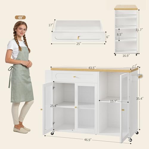 Kitchen Island with Power Outlet - Kitchen Cart on Wheels with Storage Cabinets & Drawers, Rolling Island Table with Spice & Towel Rack, Portable Islands with Large Wood Counter, Dinning Room - color: White