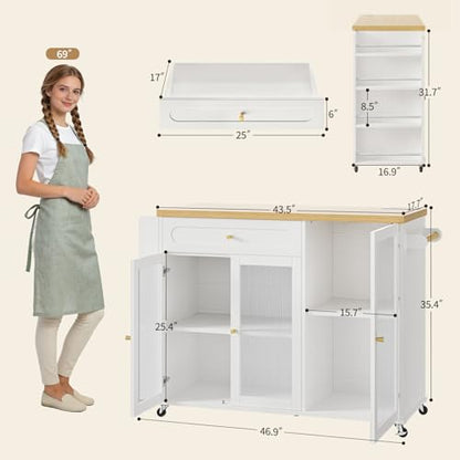 Kitchen Island with Power Outlet - Kitchen Cart on Wheels with Storage Cabinets & Drawers, Rolling Island Table with Spice & Towel Rack, Portable Islands with Large Wood Counter, Dinning Room - color: White