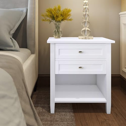 SIMPLIHOME Warm Shaker Bedside Table - 24 inch Wide Solid Wood Nightstand in White, Transitional Bedroom Side or End Table with 2 Drawers, Open Shelf Storage and Brushed Nickel Hardware - color: White