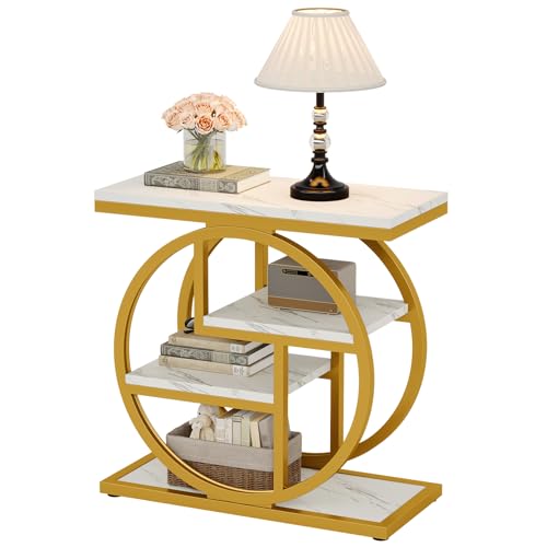 Tribesigns End Table for Living Room, Modern Faux Marble Narrow Side Table with Storage Shelves, 4-Tier Bedside Table for Bedroom, Small Sofa Side Table with Geometric Metal Frame (1 PC, White & Gold) - color: White & Gold