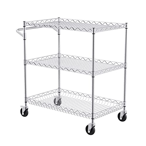VEVOR Kitchen Utility Cart, 3 Tiers, Wire Rolling Table with 661 LBS Capacity, Steel Service Desk on Wheels, Metal Storage Trolley with 80 mm Deep Basket Curved Handle 6 Hooks - size: 18"D x 30"W x 32.4"H