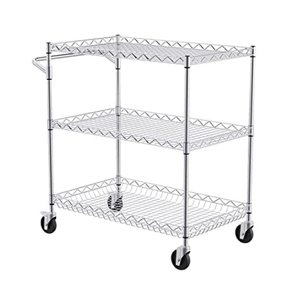 VEVOR Kitchen Utility Cart, 3 Tiers, Wire Rolling Table with 661 LBS Capacity, Steel Service Desk on Wheels, Metal Storage Trolley with 80 mm Deep Basket Curved Handle 6 Hooks - size: 18"D x 30"W x 32.4"H