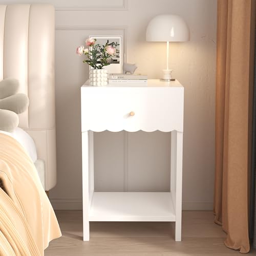 Haotian Nightstand with Drawer and Open Shelf, Scalloped Edge Design, White, Compact Bedside Table, 16.93" D x 14.96" W x 26.77" H, Engineered Wood