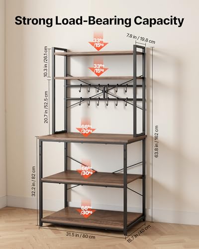 VEVOR Bakers Rack, 31.5 inch Width Microwave Stand,Kitchen Stand with X-Shaped Support Bar & 12 S-Shaped Hooks,Kitchen Storage Shelf for Dish Storage, Spice Jars, Coffee Bar Organization - size: 31.5 x 15.7 x 63.7