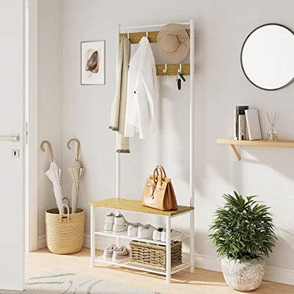 Hall Tree with Bench and Shoe Storage, 3-in-1 Coat Rack Shoe Bench, Freestanding Wooden Coat Rack with Metal Frame, 3-Tier Storage Shelf and 9 Removable Hooks, White/Walnut - color: 1.white Hall Tree