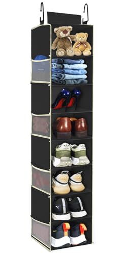 Large-Sized Hanging Shoe Organizer 8-Shelf, Hanging Closet Organizer with 8 Side Pockets, Wider Hanging Shelves for Storage Shoes Clothes 9" W × 11.8" D× 48" H, Black. - color: Black, size: 1 pack