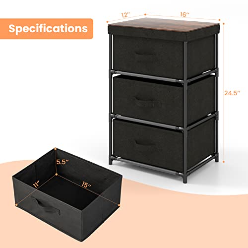 3-Drawer Bedside Table, 24.5" Nightstand with Metal Frame, Wood Top for Closet, Removable Fabric Bins & Handles, Small Dresser with Storage for Bedroom, Living Room & Entryway (2 Piece)