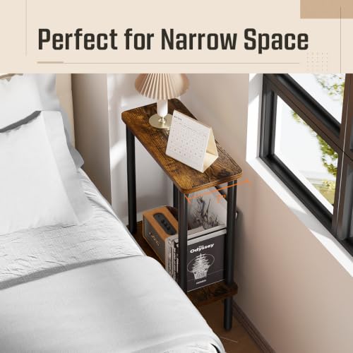 THUMEYE Narrow Side Table 7" Wide, 2 Tier Skinny End Table with Wood Legs, Slim Nightstand/Bedside Table for Small Spaces, with Adjustable Feet, 15.7" L x 20.6" H - color: Rustic Brown, size: 2-Tier