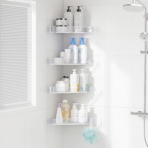 Sotfamily Plastic Shower Caddy Corner (for 90° Only), 4 Pack, Frosted Clear | Adhesive Corner Shower Shelves for Bathroom Organizers and Storage, Bathroom Decor, No Drill, Rust Free - color: Frosted Clear, size: 4 Pack