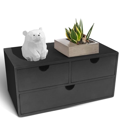 Charmewooden Bamboo Desk Organizer with 3 Drawers, Countertop Organizer with Drawers Makeup Storage Drawer 3 Drawer Tabletop Storage Organization Box Home Office Workspace（Black） - color: Black
