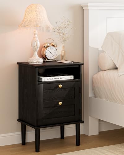 Nightstand, Boho Night Stand with 1 Drawers, Modern Side Accent Table with Open Shelf, Wooden Top Bedside End Table for Bedroom, Living Room, Black - color: Black