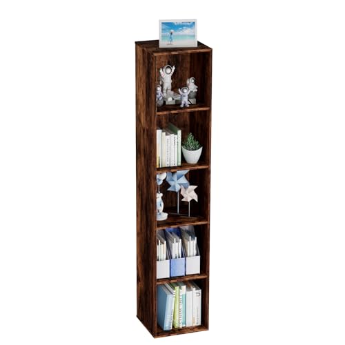 5 Tier Bookshelf, Open Tall Narrow Floor Standing Bookcase, Wooden Book Shelf Display Organizer for Home Office, Study (Retro Brown, 5 Cube) - color: Retro Brown, size: 5-Cube
