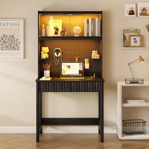 Lvifur 31.5" Small Natural Desk with - Glass Doors,Computer Desk w/Charging Station and LED Reading Lights,Compact Study Desk with Drawers,Writing Home Office Desks for Small Spaces Bedroom - color: Black-b