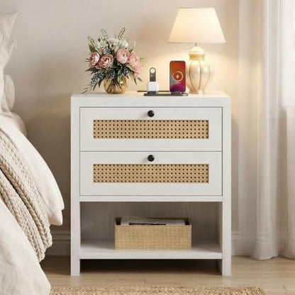 LIKIMIO Rattan Nightstand, 23" Wide Night Stand with Charging Station, Boho Side Table with 2 Drawers and Open Shelf, Bedside Table for Bedroom, White Oak