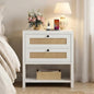 LIKIMIO Rattan Nightstand, 23" Wide Night Stand with Charging Station, Boho Side Table with 2 Drawers and Open Shelf, Bedside Table for Bedroom, White Oak