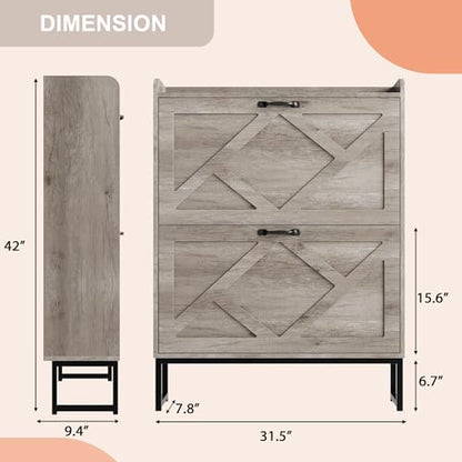 Nicetree Shoe Storage Cabinet with 2 Flip Drawers, Freestanding Shoe Organizer, Shoe Cabinet with Metal Legs, Narrow Shoe Rack Cabinet, Farmhouse Slim Shoe Cabinet for Entryway, Hallway, Rustic Gray - color: Grey