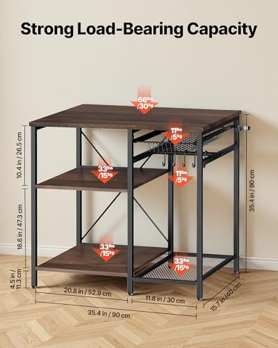 VEVOR Bakers Rack, 35.4 inch Width Microwave Stand,Kitchen Stand with X-Shaped Support Bar & 5 S-Shaped Hooks,Kitchen Storage Shelf for Dish Storage, Spice Jars, Coffee Bar Organization - size: 35.4 x 15.7 x 35.4