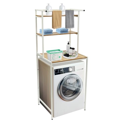 Over The Washer and Dryer Storage Shelf, 3-Tier Bathroom Room Shelf Storage Utility Rack Over The Toilet Washer Dryer Heavy Duty Laundry Room Organizer Bathroom Space Saving Organizer (White+ Log) - color: White+ Log