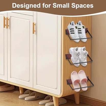 SCUNDA 2-Pack Wall Mounted Shoe Rack, Wooden & Metal Foldable Shoe Rack - Space Saving Wall Shoe Holder for Entryway, RV, Camper, Closet, Apartment, Fits Various Shoes-Brown