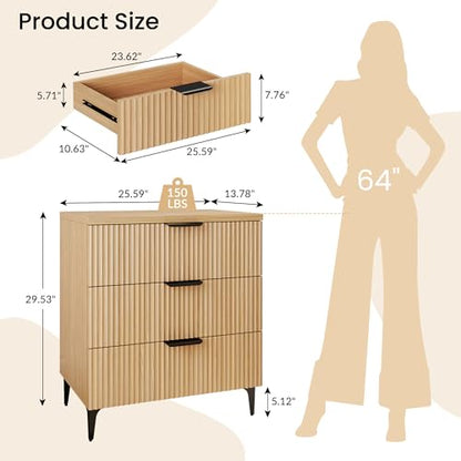 25.6" W Fluted Nightstand with 3 Drawer Dresser, Modern Wood Night Stands | Bedside Table for Bedroom King/Queen Bed, End Table with Robot-friendly Legs for Living Room,Entry - color: 3 Drawers-1pcs-oak