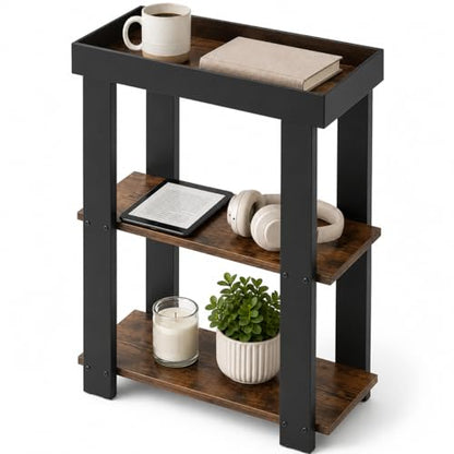 Narrow Side Table, 3-Tier Side Table, Rustic Farmhouse Narrow End Table with Storage, Slim Table Nightstand for Small Spaces, Bedroom or Living Room (Rustic Brown) - color: Rustic Brown
