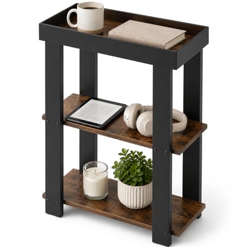 Narrow Side Table, 3-Tier Side Table, Rustic Farmhouse Narrow End Table with Storage, Slim Table Nightstand for Small Spaces, Bedroom or Living Room (Rustic Brown) - color: Rustic Brown