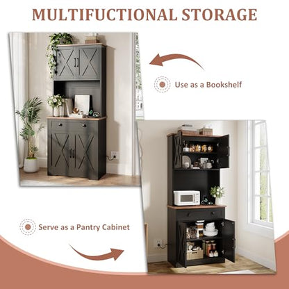 GarveeLife 71" Pantry Cabinet with Charging Station, Tall Kitchen Pantry Storage Cabinet with Microwave Stand, Large Farmhouse Kitchen Hutch with Cabinet Doors & Drawer for Living Room, Dining Room - color: Black