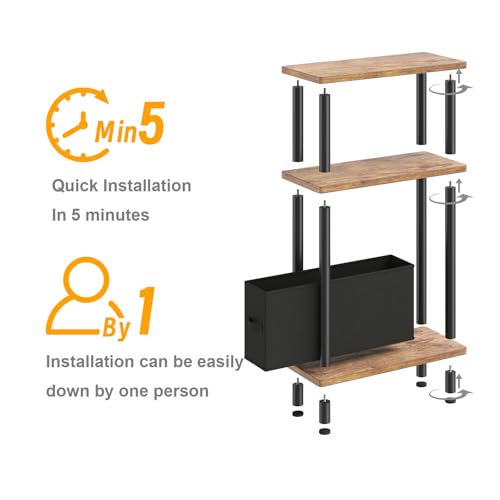 Apicizon Small Narrow Side Table, 3-Tier Skinny End Table for Small Spaces, Slim Nightstand with Fabric Basket, Bedside Table for Living Room, Bedroom, Rustic Brown and Black - color: Rustic Brown and Black, style: Narrow Side Table with Basket