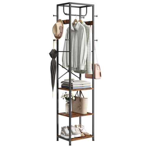 ELYKEN Coat Rack Freestanding, Hall Tree with 3 Storage Shelves and 12 Hooks, Industrial Clothes Rack Stand Organizer for Bedroom, Hallway, Entryway, Office, Living Room, Rustic Brown - color: Rustic Brown