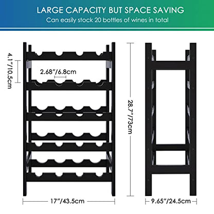 SMIBUY Bamboo Wine Rack, 20 Bottles Display Holder, 5-Tier Free Standing Storage Shelves for Kitchen, Pantry, Cellar, Bar (Black) - color: Black