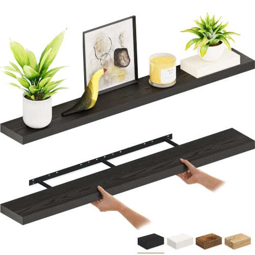 Ballucci Floating Shelves for Wall, 55 inch 2-Tier Black Shelf, Invisible Brackets, Wood Wall Shelf for Living Room, Bedroom, Kitchen Organizer, Clearing Clutter - color: Black, size: 55.1 inches