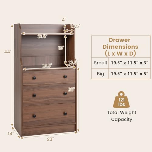 LDAILY Moccha 3 Drawers Dresser with Shelf, Modern Dresser Tower with 2 Open Shelves, Chest of Drawers with Anti-toppling Device, Tall Storage Dresser Nightstand, Living Room, Walnut - color: Walnut