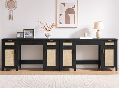 SICOTAS 52 Inch Vanity Table Rattan Vanity Home Office Desk with 3 Drawers | 2 Pieces Farmhouse Boho Makeup Vanity Dressing Table with Large Storage, Vanities Desk for Makeup Room, Bedroom, Office - size: 2 Pieces, style: Black Oak