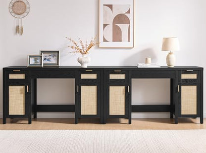 SICOTAS 52 Inch Vanity Table Rattan Vanity Home Office Desk with 3 Drawers | 2 Pieces Farmhouse Boho Makeup Vanity Dressing Table with Large Storage, Vanities Desk for Makeup Room, Bedroom, Office - size: 2 Pieces, style: Black Oak