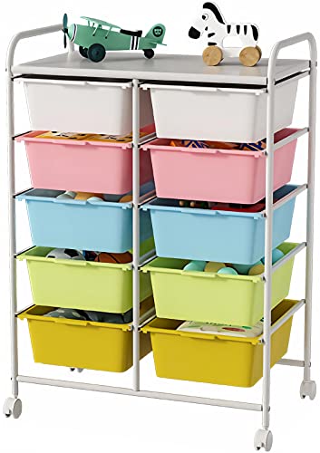 Ytaoka 10 Drawers Rolling Storage Cart, Plastic Drawer Cart with Metal Frame, Multipurpose Art Craft Cart Organizer with Wheels, Utility Cart with Drawers for Home, Office, School, Multicolor - color: Multicolor - 10