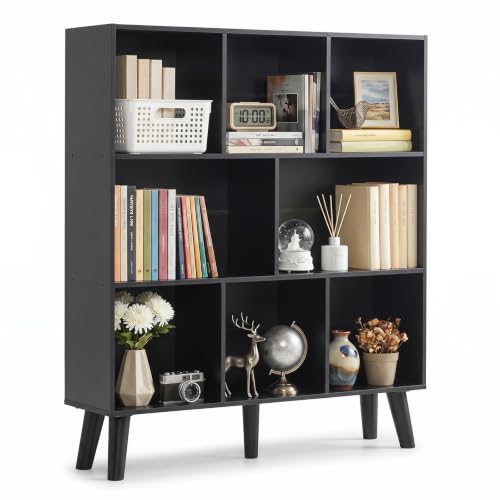 YAHARBO 8 Cube Bookshelf,3 Tier Bookcase with Legs,Black Mid-Century Modern Bookshelves,Large Free Standing Open Storage Organizer Shelf,Tall Wooden Book Case Furniture for Bedroom,Living Room,Office - color: Black, size: 100CM