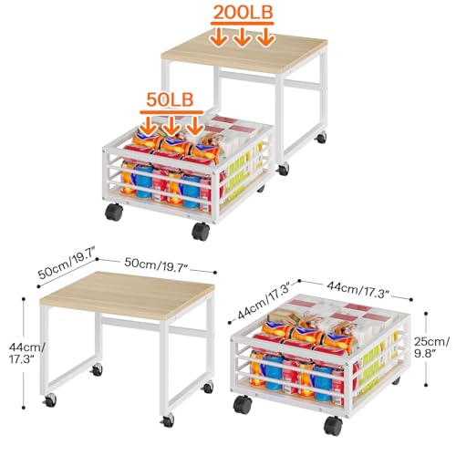 HOOBRO End Table, Mini Fridge Stand with Storage, Mini Fridge Table with Wheels and Adjustable Feet, Sturdy Metal Frame, for Living Room, Bedroom, Office, White and Natural WN155TL01 - color: White + Natural