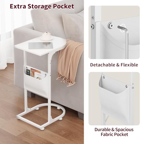 C Shaped End Table, Slide Under Small Side Table for Couch & Small Spaces | Wobble-Free C Table For Sofa, White, Storage Bag, Sturdy Metal Frame, Wood Top, Living Room & Bedroom, 15-Min Quick Assembly - color: Classic White