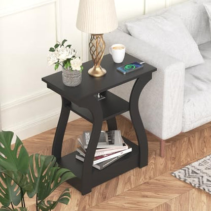FROMJBEST End Tables Living Room with Charging Station, Black Side Tble | Side Table Living Room, with USB Ports and Outlets, Nightstand for Bedroom, 3-Tier Storage Shelf, Bedside Table - color: Black