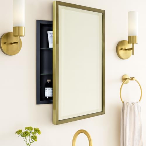 TEHOME Gold Metal Framed Recessed Bathroom Medicine Cabinet with Mirror Rectangle Tilting Beveled Vanity Mirrors for Wall 16 x 24 inches - color: Brush Gold, size: 16x24''
