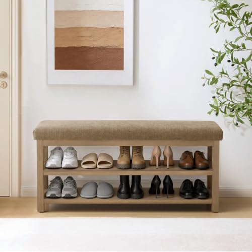 Zihanhome Shoe Rack Bench with Cushion, 2 Tier Solid Wood Storage Bench, Mid-Century Modern Shoe Bench for Entryway, Hallway, Closet, Front Door Entrance, Foyer (Brown, 46.5") - color: Brown, size: 46.5"