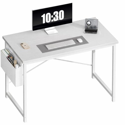 OLIXIS Computer Desk, 44 Inch Gaming Desks for Home Office Small Spaces | Writing Study Craft Work Table, Computer Workstation for Bedroom with Storage Bag, All White - color: White Table Top &White Legs, size: 44 Inch